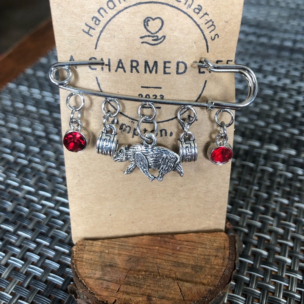 NWT, Handmade by A Charmed Life. Silver Pin with Bear, Bails & Red Crystals